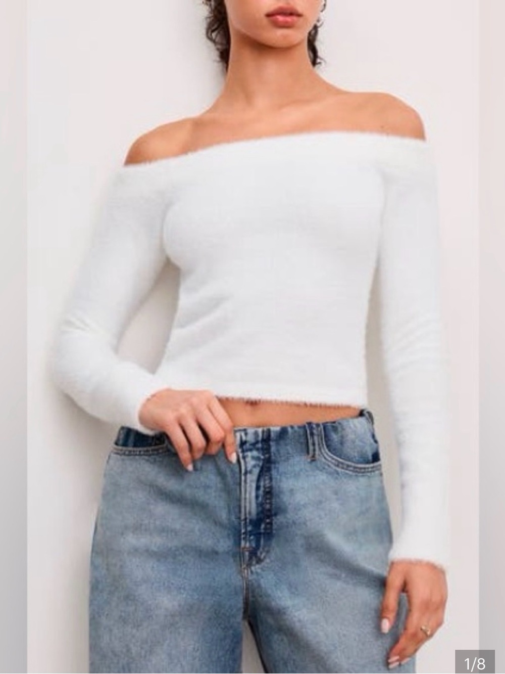 NWT GOOD AMERICAN Off-Shoulder Fuzzy Knit Crop Sweater in Cloud White Sz 3XL